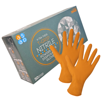 Preview: Karton SIXGRIP ROBUST mit einem orangefarbenen Nitril Einweghandschuh