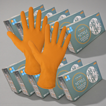 Mehrere Kartons SIXGRIP ROBUST mit orangefarbenen Nitril Einweghandschuhen