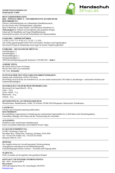 HexArmor Schnitt und Nadelstich Schutzhandschuhe PointGuard X 6044